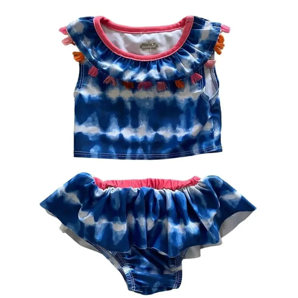Mud Pie Tie Dye Swimsuit Bikini Baby 12 18 Months Girls Blue White Boho Toddler